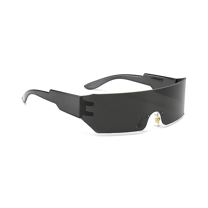 51W0KrT1csL._SX679_ Black Shield Wraparound Sunglasses | Trendy Rimless One-Piece Shades for Men & Women - Image 1